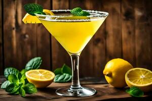 a cocktail with lemon and mint on a wooden table. AI-Generated photo