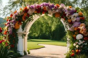 un vistoso arco con flores en él. generado por ai foto