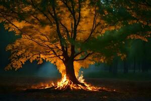 a tree with flames and smoke coming out of it. AI-Generated photo