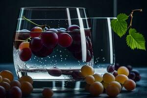 un vaso de agua con uvas y hojas. generado por ai foto