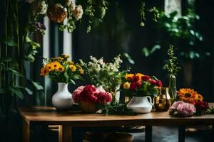 flores en floreros en un mesa. generado por ai foto