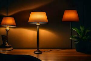three lamps on a table in a dark room. AI-Generated photo