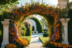 a flower archway decorated with orange flowers. AI-Generated photo