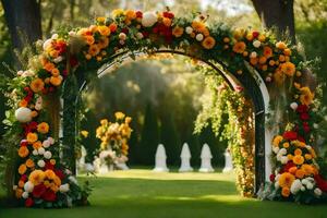 an archway decorated with flowers and greenery. AI-Generated photo