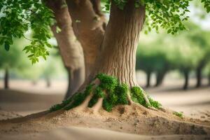 un árbol con raíces creciente fuera de el arena. generado por ai foto