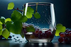 un vaso de vino con uvas y hojas. generado por ai foto