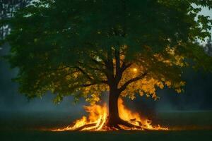 a tree with flames around it in the middle of a field. AI-Generated photo