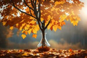autumn leaves in a vase on the ground. AI-Generated photo