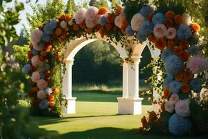 a wedding arch decorated with flowers in the grass. AI-Generated photo