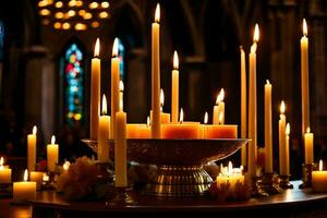 candles are lit in a church with candles. AI-Generated photo