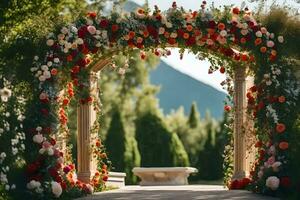 a wedding arch decorated with flowers. AI-Generated photo