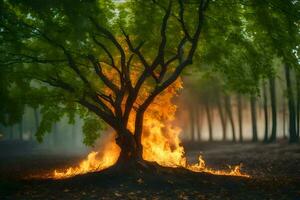 un árbol es ardiente en el medio de un bosque. generado por ai foto