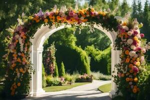 un Boda arco decorado con flores en el jardín. generado por ai foto