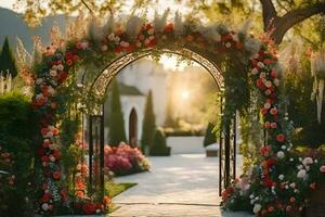 an archway with flowers and greenery. AI-Generated photo