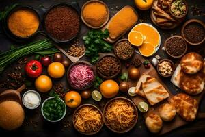 various types of spices and ingredients are arranged on a table. AI-Generated photo