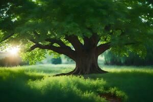 a large tree in the middle of a green field. AI-Generated photo