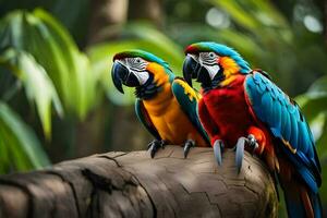 two colorful parrots sitting on a branch. AI-Generated photo