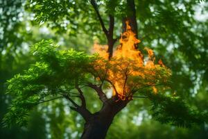 a tree with flames coming from it. AI-Generated photo