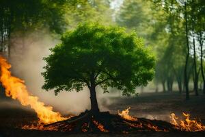 a tree is burning in the middle of a forest. AI-Generated photo