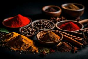 spices and spices on a black background. AI-Generated photo