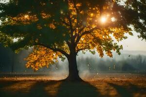 a tree is standing in the middle of a field with the sun shining through it. AI-Generated photo