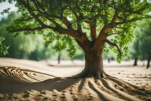 a tree in the desert with sand and trees. AI-Generated photo