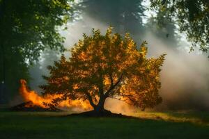 a tree with smoke coming out of it in the morning. AI-Generated photo