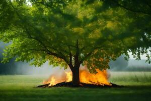a tree is burning in the middle of a field. AI-Generated photo