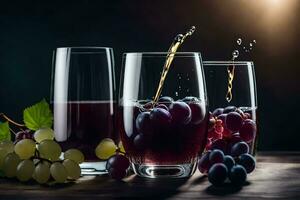 grapes and wine in glasses on a table. AI-Generated photo