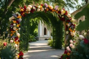 a wedding arch decorated with flowers. AI-Generated photo