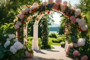 a wedding arch decorated with flowers. AI-Generated photo