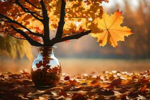 autumn leaves in a vase on the ground. AI-Generated photo