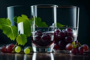 two glasses with grapes and leaves. AI-Generated photo