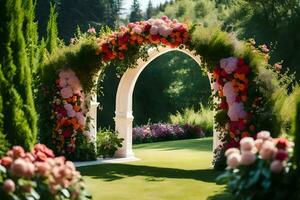 un hermosa arco con flores en el jardín. generado por ai foto