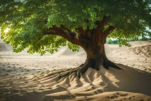 a tree in the desert with sand dunes in the background. AI-Generated photo
