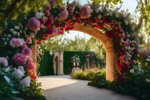 a flower archway leads to a garden. AI-Generated photo