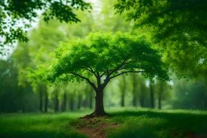 a tree in the middle of a green forest. AI-Generated photo