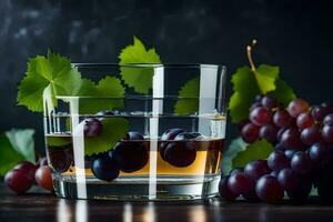 a glass of wine with grapes and leaves. AI-Generated photo