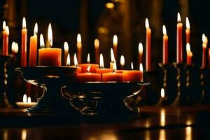 candles are lit in a dark room with candles. AI-Generated photo