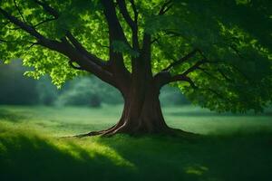 a large tree in the middle of a green field. AI-Generated photo