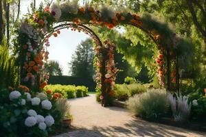 un arco con flores y plantas en el jardín. generado por ai foto