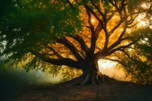 un árbol con el Dom brillante mediante él. generado por ai foto