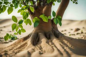 a tree with roots in the sand. AI-Generated photo