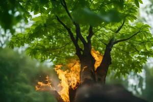 a tree with flames coming out of it. AI-Generated photo