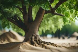 a tree with roots in the sand. AI-Generated photo