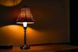 a lamp on a table in the dark. AI-Generated photo