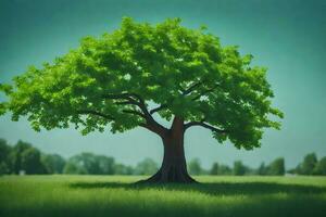 a tree in a field with green leaves. AI-Generated photo
