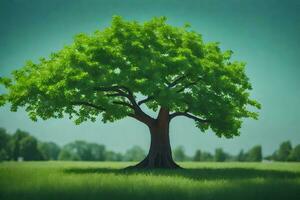 a tree in a field with green leaves. AI-Generated photo