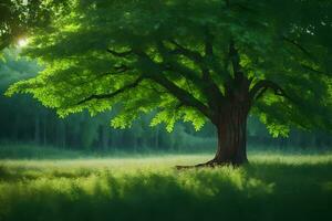 photo wallpaper the sky, trees, grass, sun, green, the forest, tree, the. AI-Generated