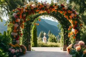 an archway with flowers and greenery. AI-Generated photo